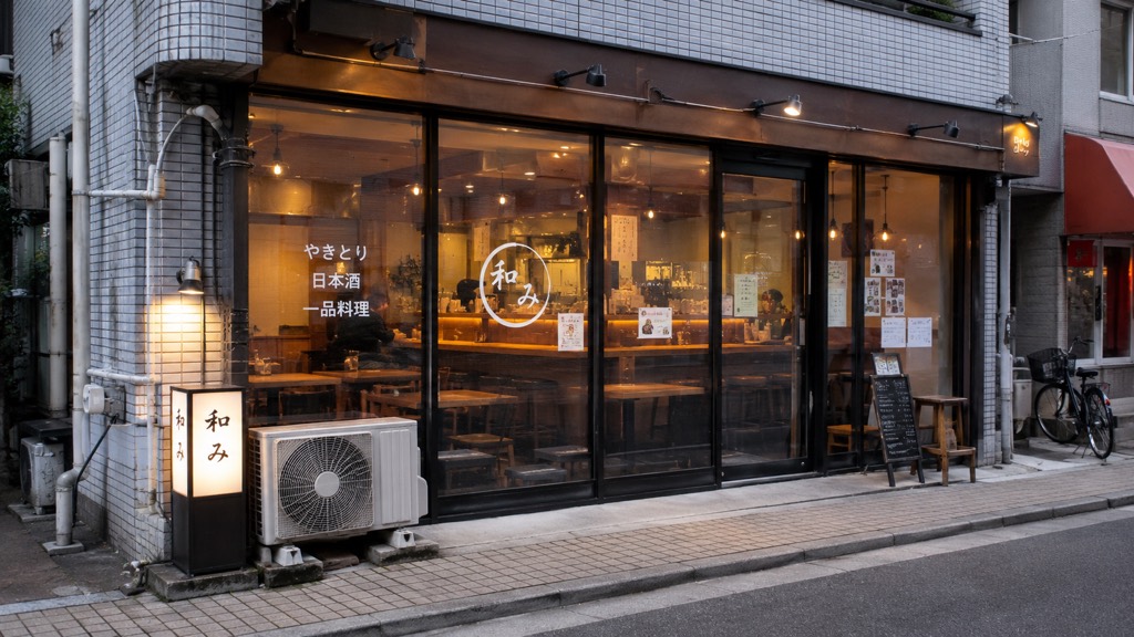 雑居ビル1階の居酒屋。ガラス戸が透明な状態と、今夜のおすすめを投影した状態のイメージ