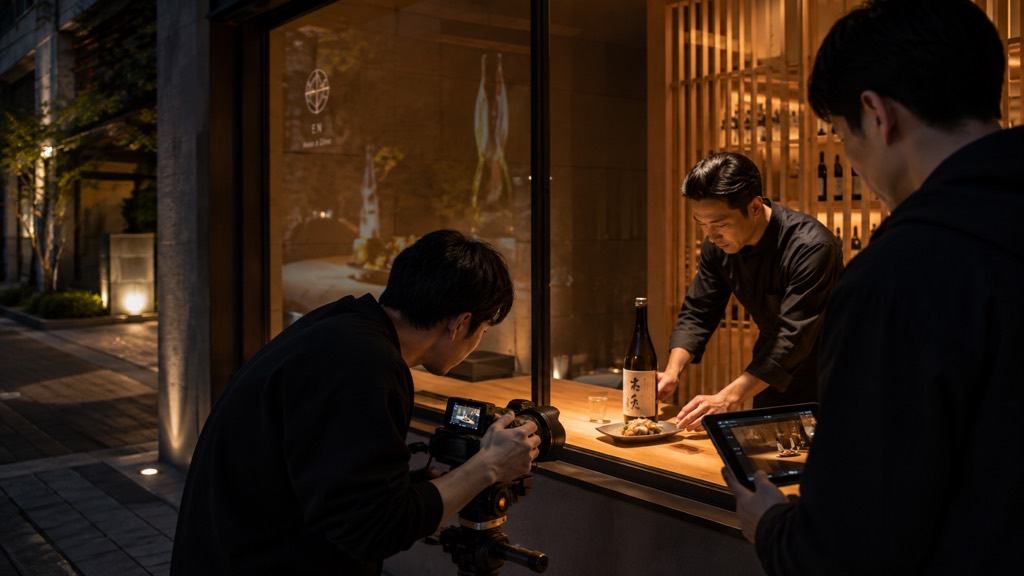 夜の店舗前で、店内の料理シーンを撮影する映像制作現場のイメージ