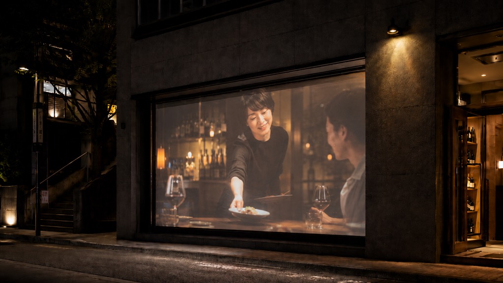 夜の店舗窓面。接客の場面が投影され、ストーリーの途中を切り取ったイメージ
