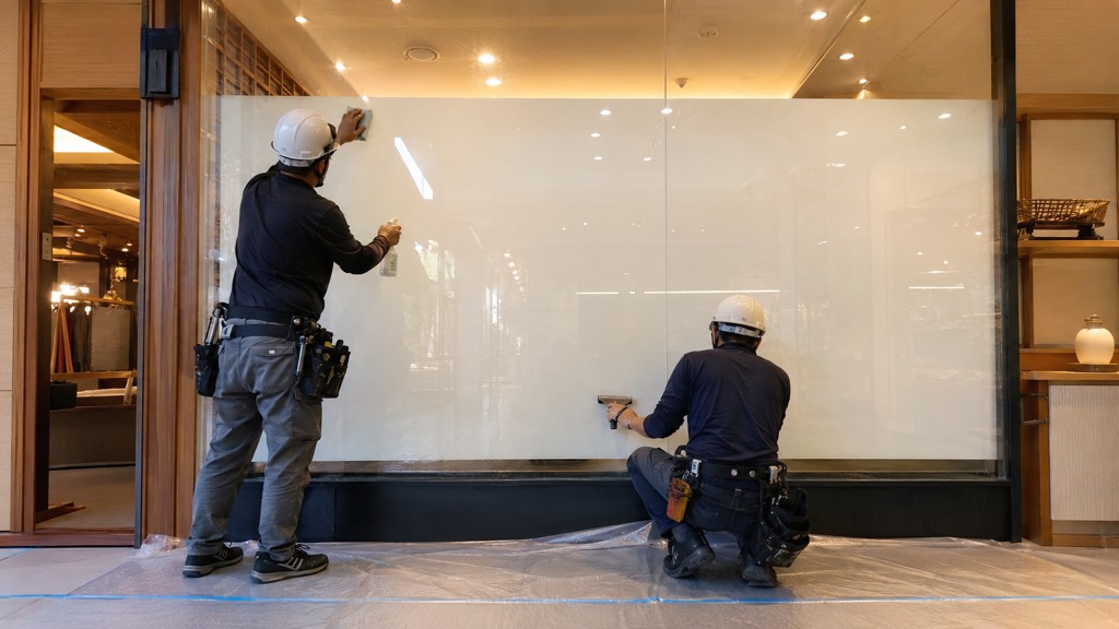 作業服とヘルメット姿の2人が、店舗の大きなガラス面へフィルムを施工しているイメージ