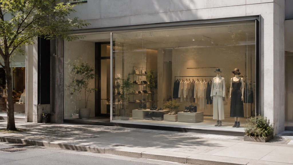 日中のアパレル店舗。調光フィルムが透明で、通常のショーウィンドウとして見えているイメージ